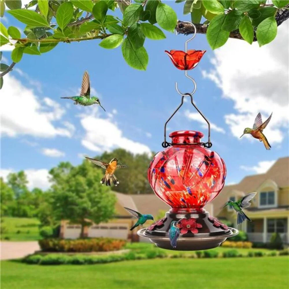 Hummingbird Feeder, Hand Blown Glass Hummingbird Feeders for Outdoors Hanging
